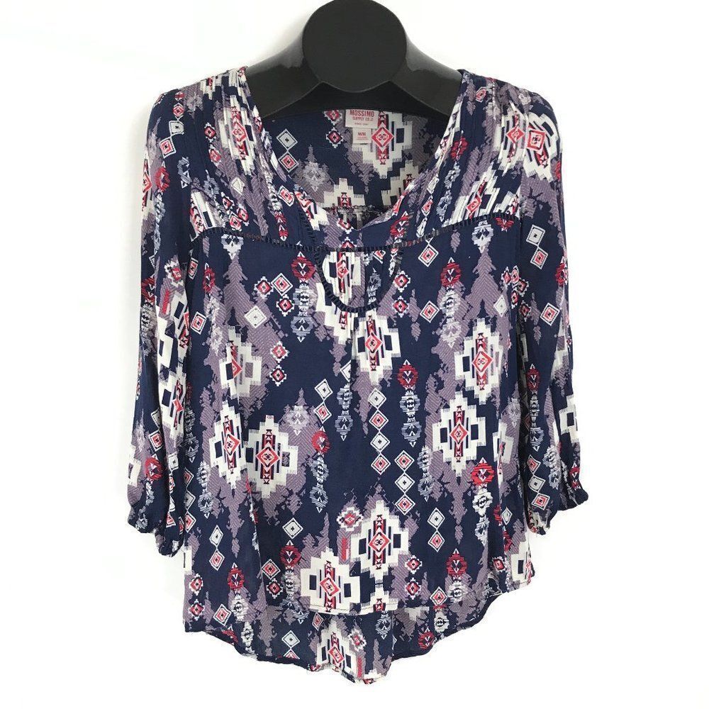 Mossimo Supply Co. Aztec Print Peasant Blouse Women's Medium Crochet Rayon Boho